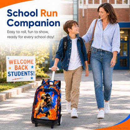 UFNDC Big Wheel Rolling Backpack for Boys, Water-Resistant Wheeled School Bag with Lunch Box & Pencil Case, 3-Pack Kids Roller Bookbag Travel Set - Fire Dinosaur - color: Rolling Backpack Fire Dinosaur Orange
