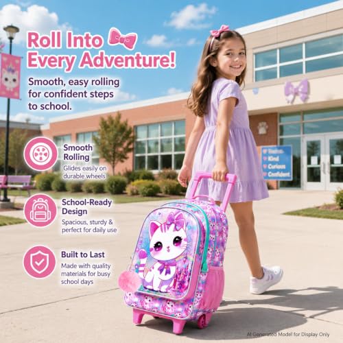 CCJPX 3PCS Rolling Backpack for Girls,Kids Cat Backpacks with Roller Wheels, Wheeled Bookbag with Lunch Box for Toddler Elementary School - color: White Cat