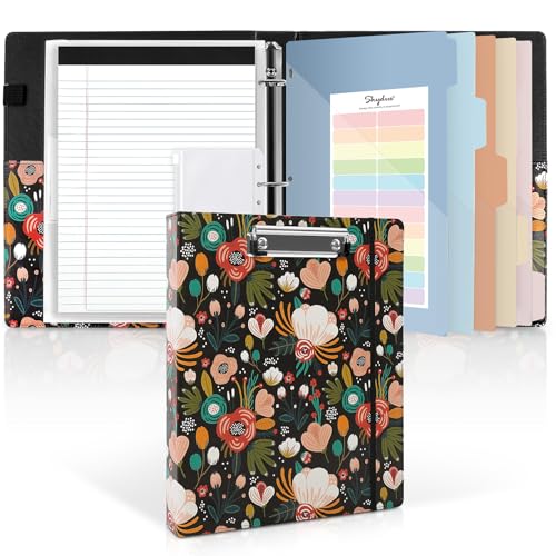 SKYDUE 1 Inch 3-Ring Binder with Clipboard, PU Binder with 5 Dividers, Notepad, Stickers & Pockets for Work and School - Aesthetic Binder (Letter Size) - color: Floral Blak-b