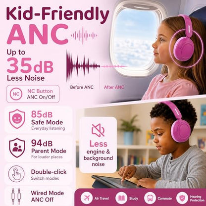 MIDOLA Kids Bluetooth Headphones Active Noise Cancelling Lightweight Wireless Headphone for Kid Volume Limited 85/94dB Foldable Over-Ear Headset with Mic,68 Hours Playtime,for Toddler Child Rose Pink - color: Rose Pink