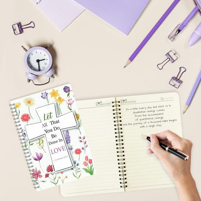 Xqumoi 2Pack A5 Floral Cross Religious Spiral Notebooks - Bible Verses Writing Notebooks, Ruled Lined Journal, Inspirational Christian Christmas Gift, Sunday School Supply (Purple & Yellow) - style: E-Purple Yellow Floral