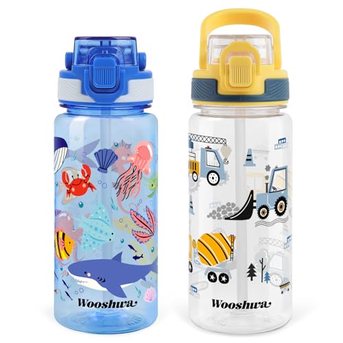 Kids Water Bottle for School, 20 Oz Plastic Straw Water Bottle with Silicone Spout and Leakproof Cover, Dishwasher Safe (Excavator/Marine Animals) - color: Excavator/Marine Animals, size: 20oz (2 Packs)