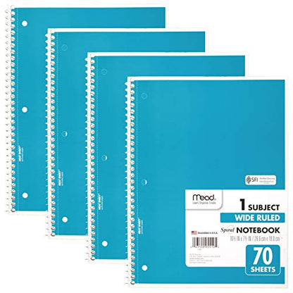 Mead Spiral Notebooks, 1 Subject, Wide Ruled Paper, 70 Sheets, 10-1/2 x 7-1/2 inches, Blue, 4 Pack (38400) - color: Blue, size: Pack of 4