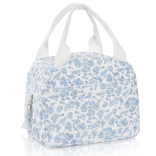 Lunch Bag for Women Insulated Lunch Box Reusable Cooler Bag Portable Cute Corduroy Leakproof Tote Bags for Travel, Work, and Picnic, Blue Flower - color: Blue Flower, size: M