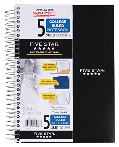 Five Star Spiral Notebook, 5 Subject, College Ruled Paper, 9-1/2" x 6", Black (73655) - color: Black