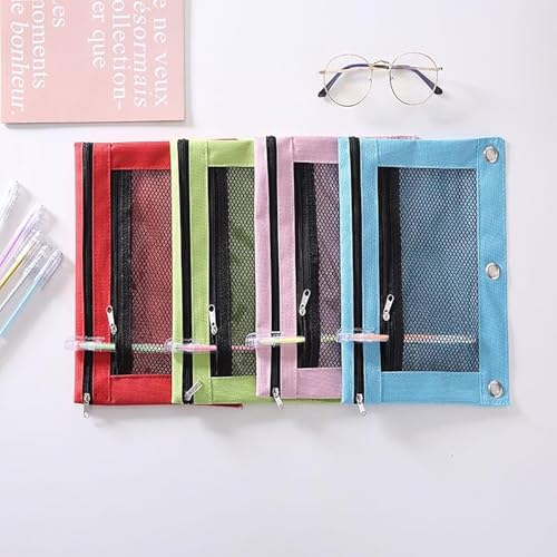 Jinshining 1pc Beige Pencil Pouch for 3 Ring Binder, Binder Pencil Case with Smooth Zipper,Clear Window Pencil Case,Big Capacity 3 Ring Binder Pencil Bag with 3 Reinforced Grommets,Binder Accessories