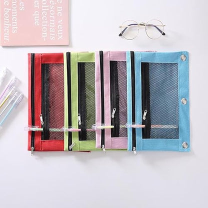 Jinshining 1pc Beige Pencil Pouch for 3 Ring Binder, Binder Pencil Case with Smooth Zipper,Clear Window Pencil Case,Big Capacity 3 Ring Binder Pencil Bag with 3 Reinforced Grommets,Binder Accessories