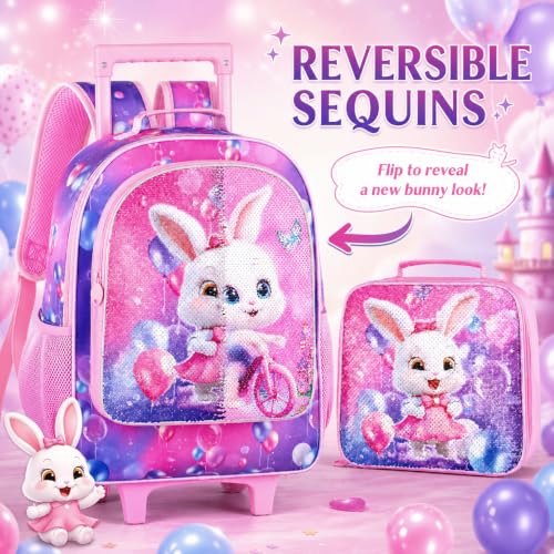 3Pcs Bunny Rolling Backpack for Girls, Kids School Backpacks with Wheels, Roller Bookbag with Lunch Box for Elementary Preschool(Pink) - color: Pink Rabbit