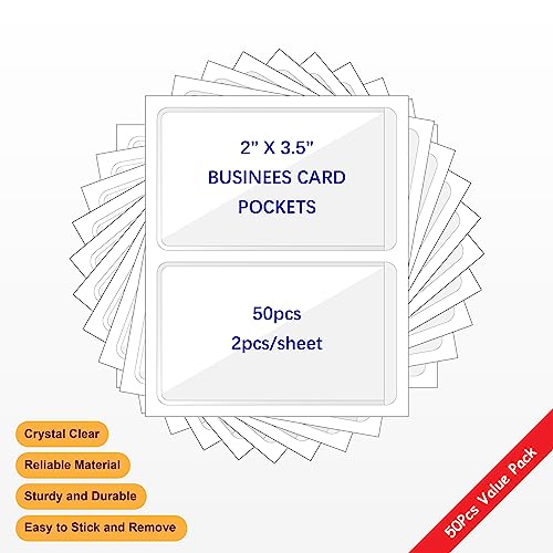 IMAGAME Clear Adhesive Business Card Pockets, 50 Pack | Side Open for Loading, Plastic Labels Holders, For Storage Bins and Library Card, Organizing and Protecting Business Cards - size: 2-1/2” x 4-1/8” for 2" x 3.5" Business Cards