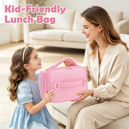 FlowFly Kids Lunch Bag, Durable Insulated School Lunch Box with Shoulder Strap and Bottle Holder, Water-resistant Thermal Small Lunch Cooler Tote for Teen Boys & Girls,Pink - color: Pink
