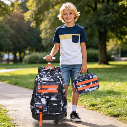 DIGOBAY Camo Rolling Backpack for Boys, 3PCS Tactical Kids Rolling Backpack Set with Lunch Bag & Pencil Case, Boys Wheeled School Bookbag for Elementary, Middle, High School - color: Camouflage Gray/Orange