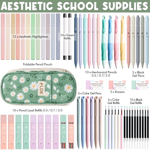 65PCS Aesthetic School Supplies Back to School Supplies Cute Stationary Set | College Essentials Kit with Pencil Case, Pastel Highlighters Gel Pens Mechanical Pencil Set 0.5 0.7 & 2.0mm for Student Girls - color: Green Daisy