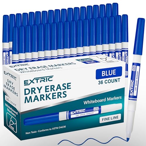 EXTRIC Blue Dry Erase Markers Fine Tip 36 PK Whiteboard Markers | Use: School, Classrooms, Offices, Color: Vivid Blue Ink, Tip Style: Fine Tip, Feature: Low-Odor and Non-Toxic - color: Blue, size: 1 Count (Pack of 36)