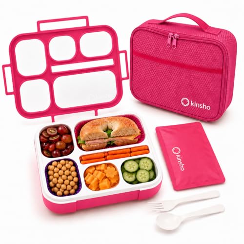 kinsho Lunch Box with Insulated Bag and Ice Pack for Girls Kids Teens, Bento Set, 6 Compartment Leak Proof Food or Snack Container, BPA Free, Microwave Safe, Ideal for School Travel, Pink - color: Pink