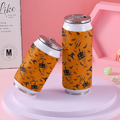 T&H XHome Halloween 14oz Stainless Steel Tumbler with Lid & Straw-Double Wall Vacuum Insulated Travel Mug Pumpkin Haunted Castle Bats Orange Water Bottle Coffee Beverage Drinks Cup - size: 14 Ounces