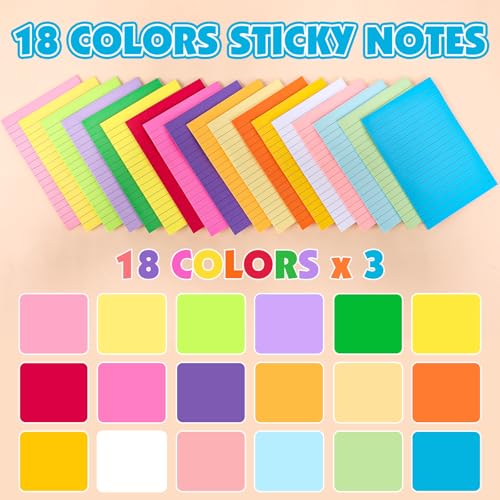 54 Pads Lined Sticky Notes, 18 Colors 4in x 6in Self Stick Note Pads, Strong Adhesive Sticky Note with Lines, Large Sticky Notes for School, Home, Office, 24 Sheets/Pad - color: 4in X 6in-54 Pads