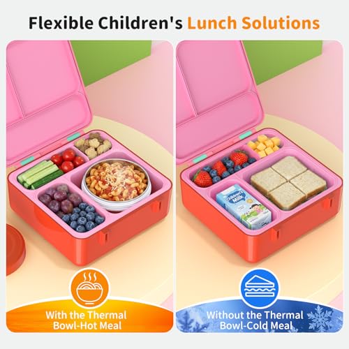 Bento Box for Kids, Lunch Box with Sticker and Leak-Proof Vacuum Food Jar, 4 Compartment BPA-Free Toddler Bento Box for School, Machine-Washable and Removable Compartments for Boy(Pink) - color: Pink
