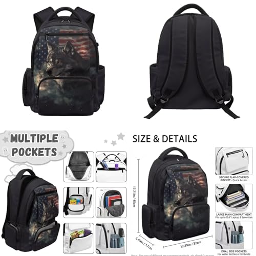 American Flag Wolf Backpack for Girls Kids Backpack with Lunch Box for Boys Set of 4 School Backpacks Matching Combo Back to School Gifts and Pencil Case Pouch for Teens Children Ages 6-12 - color: American Flag Wolf