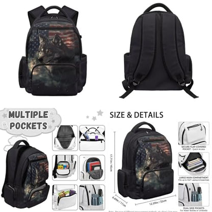 American Flag Wolf Backpack for Girls Kids Backpack with Lunch Box for Boys Set of 4 School Backpacks Matching Combo Back to School Gifts and Pencil Case Pouch for Teens Children Ages 6-12 - color: American Flag Wolf
