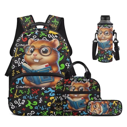 17 Inch School Backpack for Kids, Cute Hamste Print 4PCS Set Elementary Bookbag with Lunch Bag Pencil Case Water Bottle Holder for 6-11 Years, Back to School Supplies - color: Cute Hamste