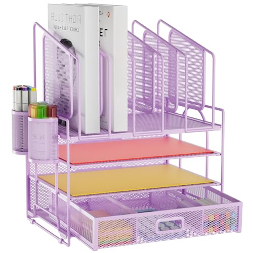 Marbrasse Desk Organizers, 4-Tier Mesh Desk File Organizer with 5 Vertical File Holders and 2 Pen Holders, Multifunction Desktop Organizer,Desk Organizers and Accessories for Home Office (Purple) - color: Purple, size: 4-Tier Mesh