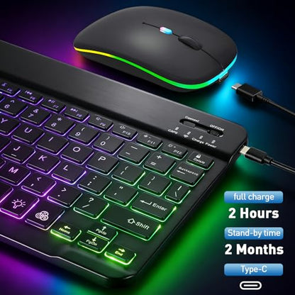 Backlit Bluetooth Keyboard and Mouse for iPad, Rechargeable Slim Portable Wireless Keyboard and Mouse for iPad Tablets, Compatible for All iOS/Windows/Android System Devices-Black