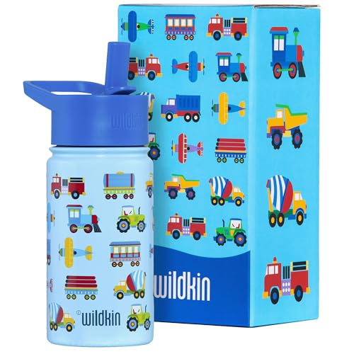 Wildkin Kids Stainless Steel Water Bottle, 14oz, Trains, Planes & Trucks | 14oz insulated steel water bottle — coordinates with matching Wildkin backpacks and lunch boxes - color: Trains, Planes & Trucks, size: 14 Oz