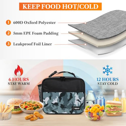 opux Insulated Lunch Bag for Kids, Reusable Lunch Box for School with Leakproof Lining, Compact Soft Cooler Tote for Boys & Girls, Front Pocket, Mesh Side Bottle Holder (Camo Green) - color: Camo Green