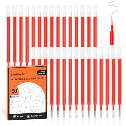 Retractable Gel Pen Refills, Shuttle Art 30 Pack Red Rollerball Gel Ink Pens Refills, Bulk Set, 0.7mm Fine Point for Writing Journaling Taking Notes School Office Home - color: Red, size: 30 Count (Pack of 1)