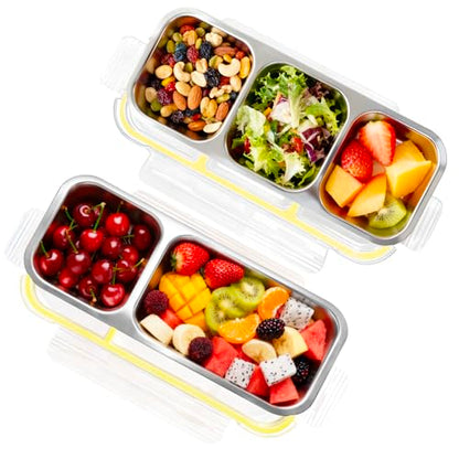 Upgraded Snackle Box Containers 2-Pack, Leak-Proof Bento Box for Kids & Adults, Reusable Stainless Steel Snack Containers with Lids, Perfect for Lunchables & Snack Packs (2 & 3 Compartment Yellow) - color: 2 & 3 Compartment Yellow
