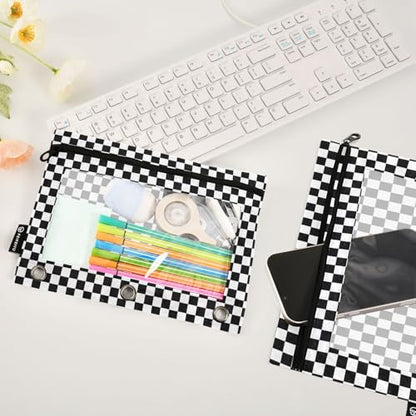 2 Pack 3 Ring Binder Pencil Pouch Racing Checkered Flag Pencil Case Pencil Bags with Zipper, Clear PVC Binder Pockets for Office Daily Supplies - color: Color 19