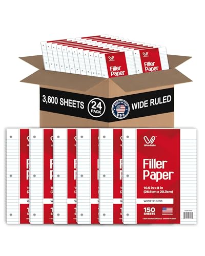 Notebook Paper USA-Made Loose Leaf Paper, 24 Pack 3600 Sheets 8"x10.5" Wide Ruled - 3-Hole Punched Bulk Filler Paper for 3-Ring Binder, 150 Sheets/Pack, Wholesale Available - color: Wide Ruled, size: 24 PACK(3600 SHEETS)