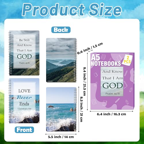 Xqumoi 2Pack A5 Natural Scenery Religious Spiral Notebooks - Love Never Ends Bible Verses Notebooks, Ruled Lined Journal, Inspirational Christian Christmas Gift, Sunday School Supplies - style: G-Mountain Sea