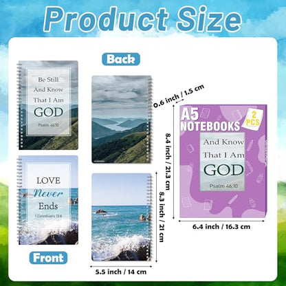 Xqumoi 2Pack A5 Natural Scenery Religious Spiral Notebooks - Love Never Ends Bible Verses Notebooks, Ruled Lined Journal, Inspirational Christian Christmas Gift, Sunday School Supplies - style: G-Mountain Sea