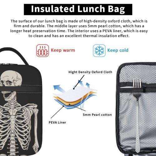 YETTA YANG Halloween Skeleton Funny Skull Portable Lunch Bag Insulated Lunch Box Reusable Totes For Women Men Work Picnic Camping - color: Black20
