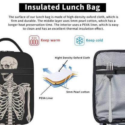 YETTA YANG Halloween Skeleton Funny Skull Portable Lunch Bag Insulated Lunch Box Reusable Totes For Women Men Work Picnic Camping - color: Black20