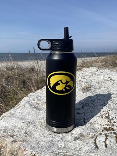 Game Day Outfitters University of Iowa 32oz Stainless Steel Double Walled Black Beverage Bottle with Flip Straw Spout - College Gear for Playoff Season – Show your Hawkeye Pride - style: Iowa / Black