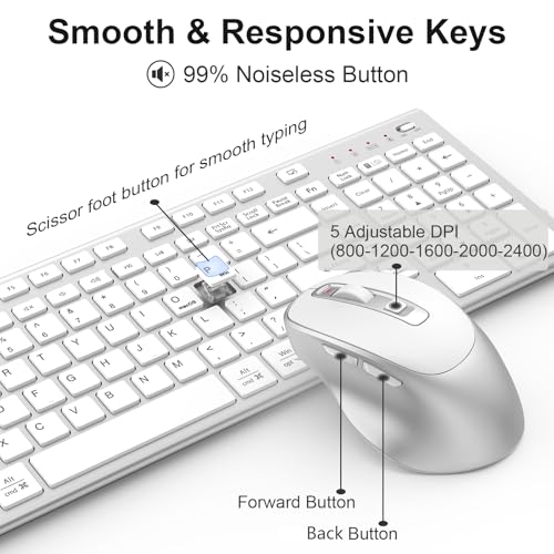 FENIFOX Wireless Keyboard and Mouse, Rechargeable USB C Combo Silent Quiet Compact Full Size Flat with Number Pad Soft Cover for Mac MacBook iMac Windows PC Laptop Computer Office - White & Silver - color: Silver