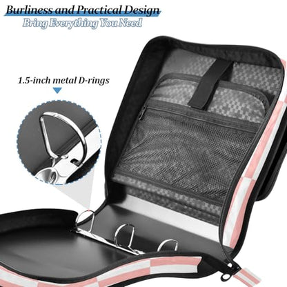 3 Ring Zipper Binder With Shoulder Strap Documents Storage Organizer Animal Dog - color: Pink White Checked Pattern