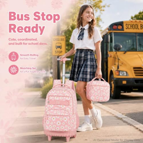AGSDON Rolling Backpack for Girls, Women Roller Wheels Bookbag, Laptop Daisy Wheeled School Bag with Wheels for Teens - color: Daisy Pink 01