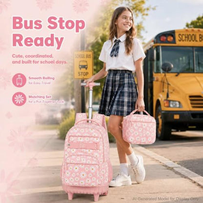 AGSDON Rolling Backpack for Girls, Women Roller Wheels Bookbag, Laptop Daisy Wheeled School Bag with Wheels for Teens - color: Daisy Pink 01