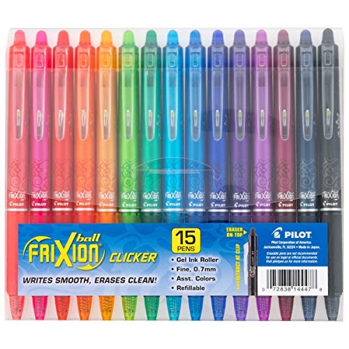 Pilot FriXion Clicker Erasable, Refillable & Retractable Gel Ink Pens Fine Point 0.7mm, Erasable Pens, Assorted Color Inks, 15-Pack Pouch - color: Assorted 15