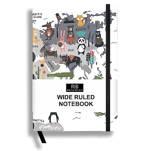 RICCO BELLO Wide Ruled Hardcover Diary Journal, Animal World | For Kids & Tweens, Bookmark & Band Closure, Storage Pocket, 5.7 x 8.4 Inches, 192 Pages - color: Animal World