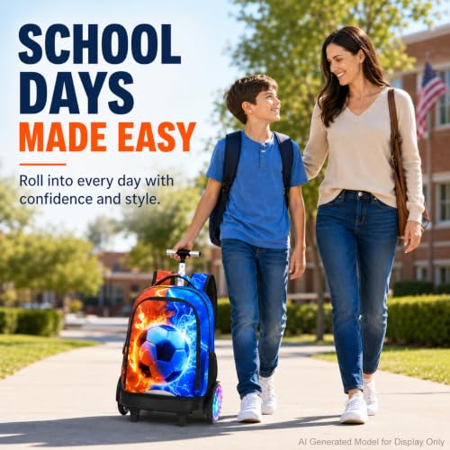 AGSDON Quiet Rolling Backpack with Lunch Box Set – Large Luminous Wheel Water‑Resistant Wheeled Bag for School, Outings, and Travel | Fire-Lightning Soccer 3‑Piece Organizer Backpack - color: Large Luminous Wheel Rolling Fire-lightning Soccer