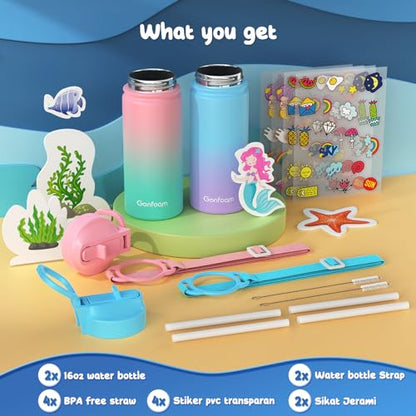 Gonfoam 16oz Kids Water Bottle, 2 Pack Stainless Steel Insulated Cup | DIY Stickers, BPA-free, Leak-proof, Sturdy, Keeps Cold 24h, Easy to Carry, Easy to Clean, Back to School, Gifts - color: Pink+Blue