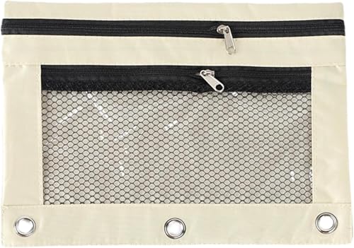 Jinshining 1pc Beige Pencil Pouch for 3 Ring Binder, Binder Pencil Case with Smooth Zipper,Clear Window Pencil Case,Big Capacity 3 Ring Binder Pencil Bag with 3 Reinforced Grommets,Binder Accessories
