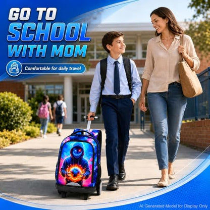 KLFVB Big Quiet-Glide Wheels Boys Backpack, 3-in-1 Rolling Bookbag Set with Lunch Bag | Water-Resistant Roller Bag for Kids, School, Travel, Play - Devil Soccer - color: Rolling Backpack with Big Wheels - Devil Soccer