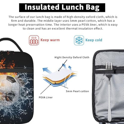 Insulated Durable Football Lunch Box with Shoulder Strap, Kids Adult Fire And Water Soccer School Lunch Bag, Lunch Tote Box Bag for Office School Picnic Beach Travel - color: Football