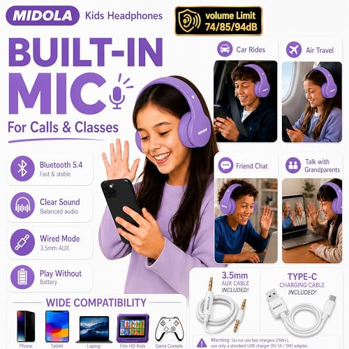 MIDOLA Kids Bluetooth Headphones 68H Play Time,Volume Limit 85/94dB, Foldable Lightweight Wireless Over-Ear Headphone for Kid Toddler Child Pad Tablet,Headsets with Built-in Mic Light Purple - color: Light Purple