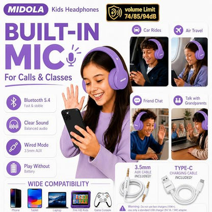 MIDOLA Kids Bluetooth Headphones 68H Play Time,Volume Limit 85/94dB, Foldable Lightweight Wireless Over-Ear Headphone for Kid Toddler Child Pad Tablet,Headsets with Built-in Mic Light Purple - color: Light Purple